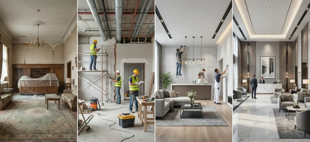 Υπηρεσίες ανακαίνισης ξενοδοχείων Η ανακαίνιση γίνεται με ελάχιστη ενόχληση στη λειτουργία του ξενοδοχείου, βάσει οργανωμένου πλάνου και αυστηρού χρονοδιαγράμματος.